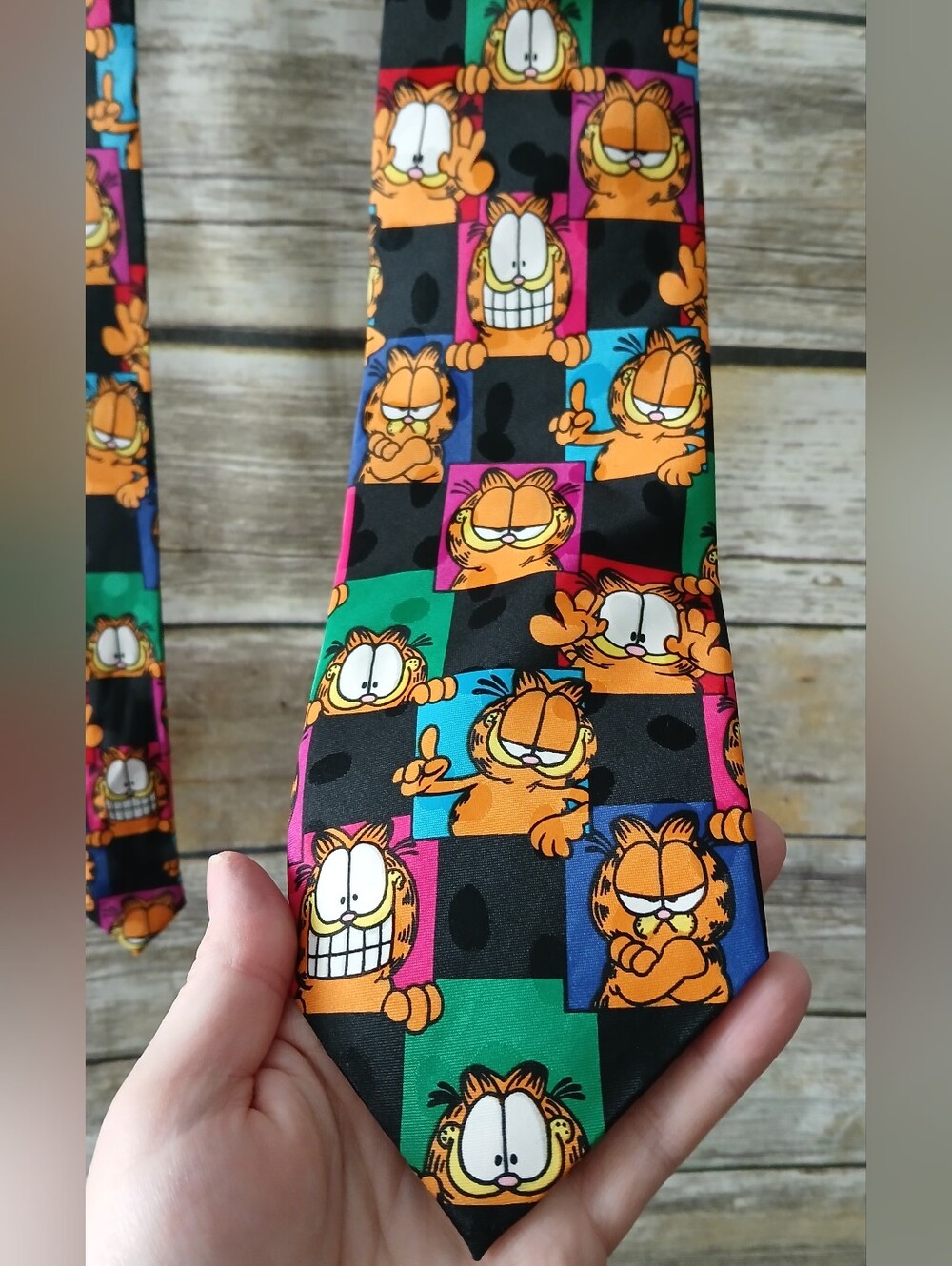 Vintage Garfield Cartoon Checkerboard Tie in Orange, Green, Blue, Pink, Black